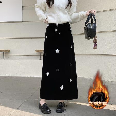 FA52800# 秋冬高定手工坊立体定位定珠黑色直筒丝绒开叉半身裙  服裝批發女裝批發服飾貨源