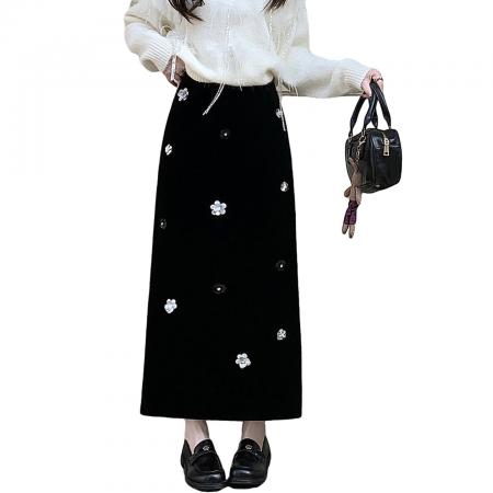 FA52800# 秋冬高定手工坊立体定位定珠黑色直筒丝绒开叉半身裙  服裝批發女裝批發服飾貨源