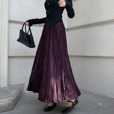 FA52802# 褶皱烫钻丝绒半身裙简约肌理感压折大摆裙宽松A字半裙中长款  服裝批發女裝批發服飾貨源