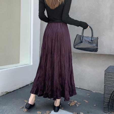 FA52802# 褶皱烫钻丝绒半身裙简约肌理感压折大摆裙宽松A字半裙中长款  服裝批發女裝批發服飾貨源