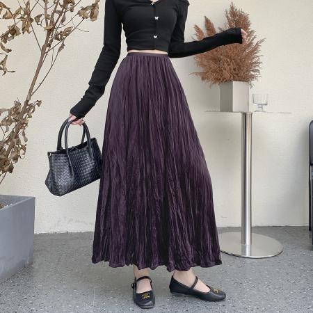 FA52802# 褶皱烫钻丝绒半身裙简约肌理感压折大摆裙宽松A字半裙中长款  服裝批發女裝批發服飾貨源
