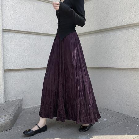 FA52802# 褶皱烫钻丝绒半身裙简约肌理感压折大摆裙宽松A字半裙中长款  服裝批發女裝批發服飾貨源