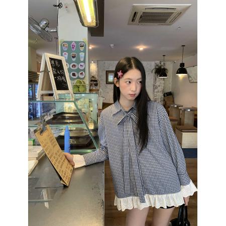 FA52811# 红人馆格子衬衫女款春秋新款蓝色法式上衣长袖宽松高级感衬衣  服裝批發女裝批發服飾貨源