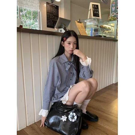 FA52811# 红人馆格子衬衫女款春秋新款蓝色法式上衣长袖宽松高级感衬衣  服裝批發女裝批發服飾貨源