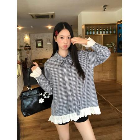 FA52811# 红人馆格子衬衫女款春秋新款蓝色法式上衣长袖宽松高级感衬衣  服裝批發女裝批發服飾貨源