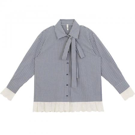 FA52811# 红人馆格子衬衫女款春秋新款蓝色法式上衣长袖宽松高级感衬衣  服裝批發女裝批發服飾貨源