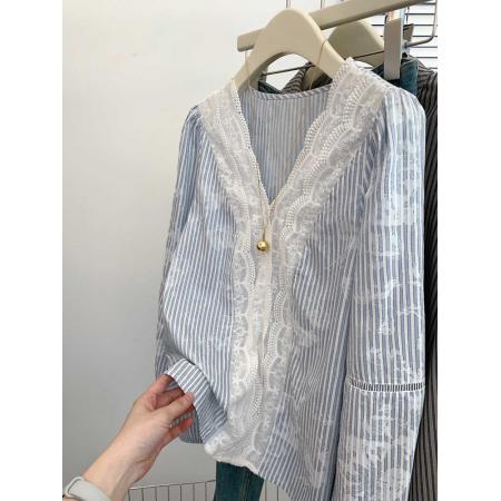 FA52813# 法式蕾丝拼接条纹长袖衬衫轻奢高级感女士设计感小众上衣2026新款  服裝批發女裝批發服飾貨源