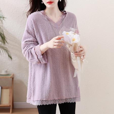 FA52815# 秋冬新款大码显瘦宽松毛毛针织打底衫蕾丝拼接遮肉上衣女  服裝批發女裝批發服飾貨源