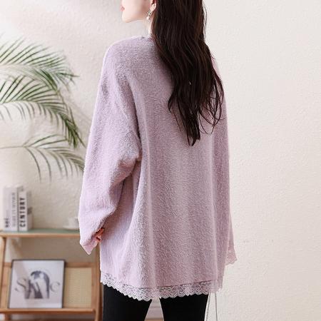 FA52815# 秋冬新款大码显瘦宽松毛毛针织打底衫蕾丝拼接遮肉上衣女  服裝批發女裝批發服飾貨源