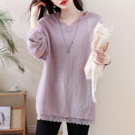 FA52815# 秋冬新款大码显瘦宽松毛毛针织打底衫蕾丝拼接遮肉上衣女  服裝批發女裝批發服飾貨源