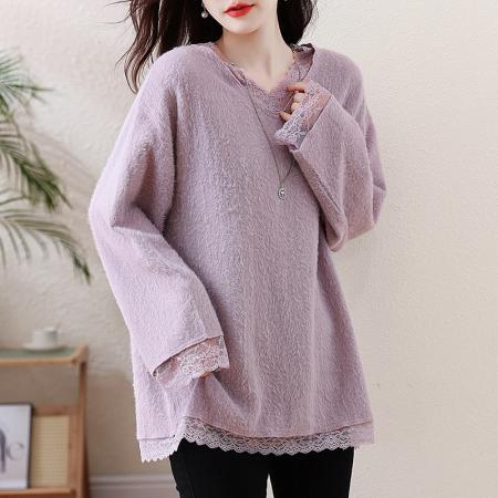 FA52815# 秋冬新款大码显瘦宽松毛毛针织打底衫蕾丝拼接遮肉上衣女  服裝批發女裝批發服飾貨源