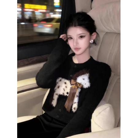 FA52818# 韩系慵懒黑色圆领毛衣外套女冬季巨好看卡通小马针织开衫保暖上衣  服裝批發女裝批發服飾貨源