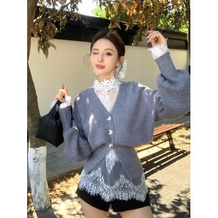 FA52819# 复古灰色毛衣外套女秋冬季新款法式气质v领宽松显瘦针织开衫上衣  服裝批發女裝批發服飾貨源