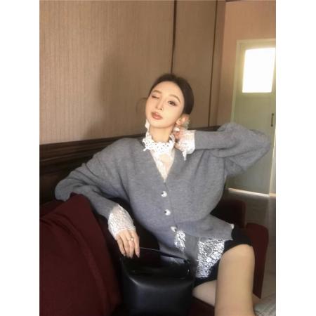 FA52819# 复古灰色毛衣外套女秋冬季新款法式气质v领宽松显瘦针织开衫上衣  服裝批發女裝批發服飾貨源