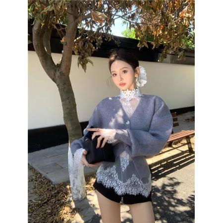 FA52819# 复古灰色毛衣外套女秋冬季新款法式气质v领宽松显瘦针织开衫上衣  服裝批發女裝批發服飾貨源