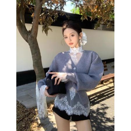 FA52819# 复古灰色毛衣外套女秋冬季新款法式气质v领宽松显瘦针织开衫上衣  服裝批發女裝批發服飾貨源