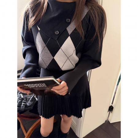 FA52820# 苏格兰姜饼人菱格纹翻领围脖百搭羊毛毛衣+细褶羊毛裙女冬  服裝批發女裝批發服飾貨源