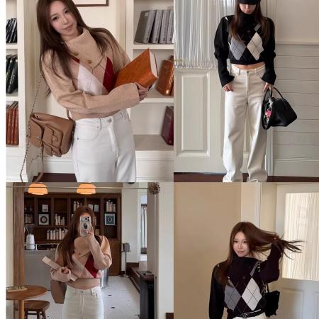 FA52820# 苏格兰姜饼人菱格纹翻领围脖百搭羊毛毛衣+细褶羊毛裙女冬  服裝批發女裝批發服飾貨源