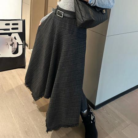 FA52822# 复古气质宽松格子流苏半身裙女冬春新款不规则下摆a字中长裙  服裝批發女裝批發服飾貨源