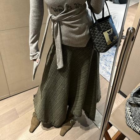 FA52822# 复古气质宽松格子流苏半身裙女冬春新款不规则下摆a字中长裙  服裝批發女裝批發服飾貨源