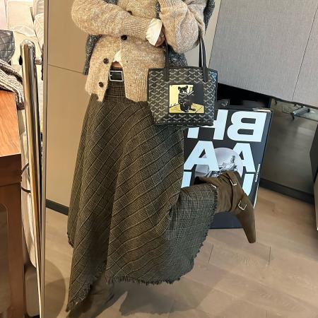 FA52822# 复古气质宽松格子流苏半身裙女冬春新款不规则下摆a字中长裙  服裝批發女裝批發服飾貨源