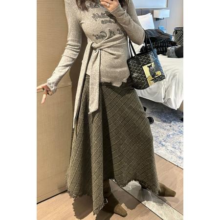 FA52822# 复古气质宽松格子流苏半身裙女冬春新款不规则下摆a字中长裙  服裝批發女裝批發服飾貨源
