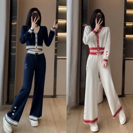 FA52825# 名媛气质小香风辣妹炸街拼色针织套装秋季新款高级感阔腿裤两件套  服裝批發女裝批發服飾貨源
