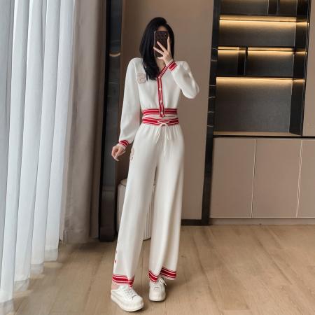 FA52825# 名媛气质小香风辣妹炸街拼色针织套装秋季新款高级感阔腿裤两件套  服裝批發女裝批發服飾貨源