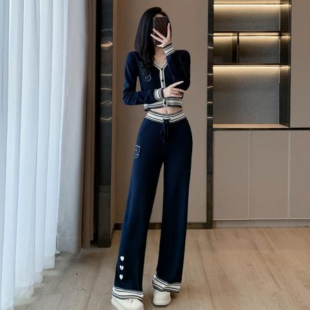 FA52825# 名媛气质小香风辣妹炸街拼色针织套装秋季新款高级感阔腿裤两件套  服裝批發女裝批發服飾貨源