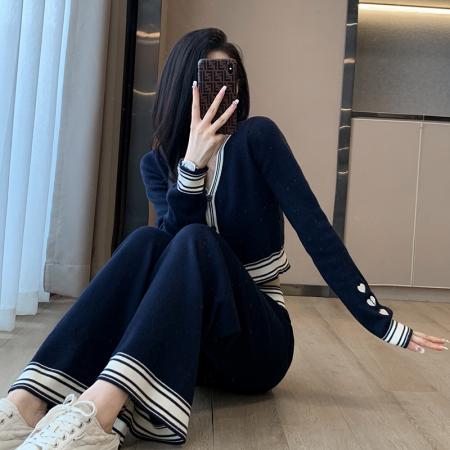FA52825# 名媛气质小香风辣妹炸街拼色针织套装秋季新款高级感阔腿裤两件套  服裝批發女裝批發服飾貨源