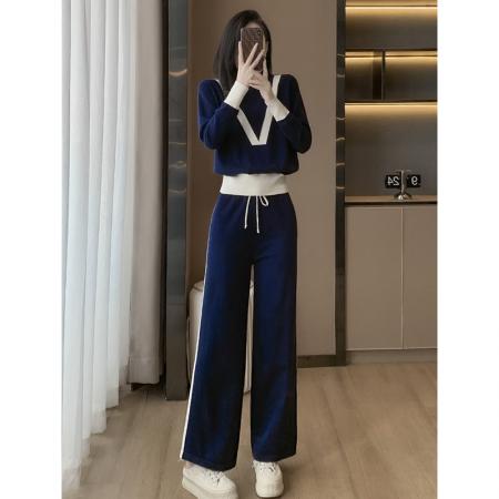 FA52828# 针织衫欧货运动休闲套装女撞色松紧腰围宽松阔腿裤  服裝批發女裝批發服飾貨源
