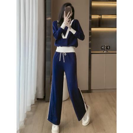 FA52828# 针织衫欧货运动休闲套装女撞色松紧腰围宽松阔腿裤  服裝批發女裝批發服飾貨源