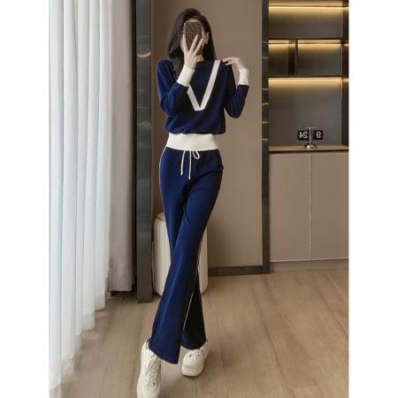 FA52828# 针织衫欧货运动休闲套装女撞色松紧腰围宽松阔腿裤  服裝批發女裝批發服飾貨源