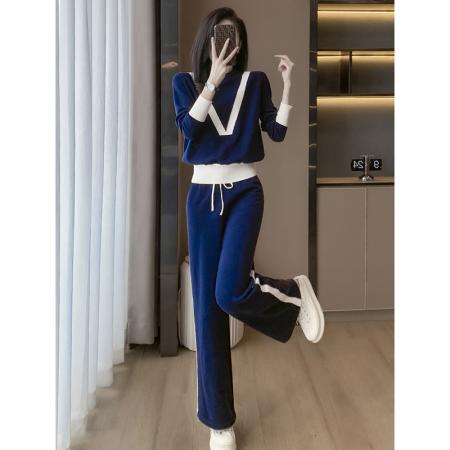 FA52828# 针织衫欧货运动休闲套装女撞色松紧腰围宽松阔腿裤  服裝批發女裝批發服飾貨源
