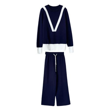 FA52828# 针织衫欧货运动休闲套装女撞色松紧腰围宽松阔腿裤  服裝批發女裝批發服飾貨源