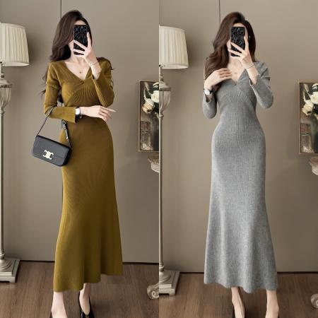 FA52829# 法式高级感V领长袖螺纹针织连衣裙秋冬新款轻熟风修身显瘦包臀裙  服裝批發女裝批發服飾貨源