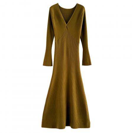 FA52829# 法式高级感V领长袖螺纹针织连衣裙秋冬新款轻熟风修身显瘦包臀裙  服裝批發女裝批發服飾貨源