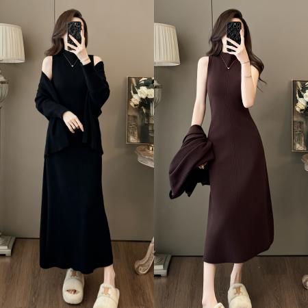 FA52830# 轻熟风秋季新款半高领背心连衣长裙时尚气质针织开衫外套两件套女  服裝批發女裝批發服飾貨源