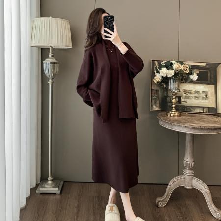 FA52830# 轻熟风秋季新款半高领背心连衣长裙时尚气质针织开衫外套两件套女  服裝批發女裝批發服飾貨源