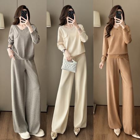 FA52831# 休闲慵懒风松驰感懒人针织套装秋季新款U领口袋毛衣阔腿裤两件套  服裝批發女裝批發服飾貨源