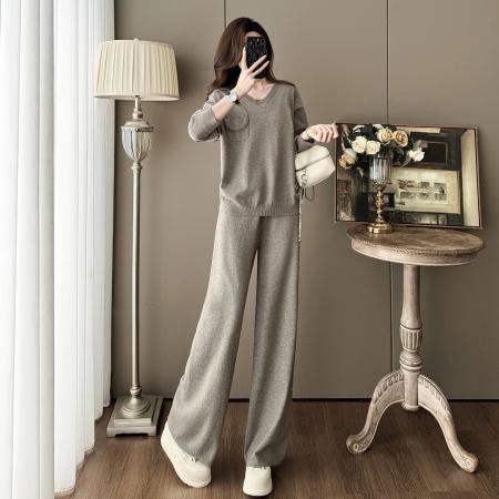 FA52831# 休闲慵懒风松驰感懒人针织套装秋季新款U领口袋毛衣阔腿裤两件套  服裝批發女裝批發服飾貨源