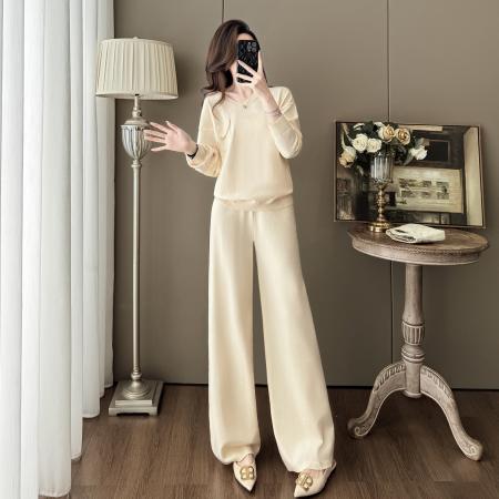 FA52831# 休闲慵懒风松驰感懒人针织套装秋季新款U领口袋毛衣阔腿裤两件套  服裝批發女裝批發服飾貨源