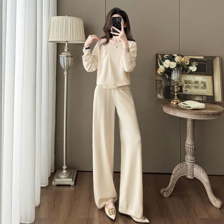 FA52831# 休闲慵懒风松驰感懒人针织套装秋季新款U领口袋毛衣阔腿裤两件套  服裝批發女裝批發服飾貨源