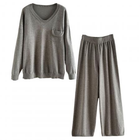 FA52831# 休闲慵懒风松驰感懒人针织套装秋季新款U领口袋毛衣阔腿裤两件套  服裝批發女裝批發服飾貨源