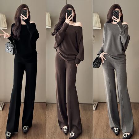 FA52832# 韩版时尚休闲气质针织套装秋冬新款时尚百搭宽松毛衣阔腿裤两件套  服裝批發女裝批發服飾貨源