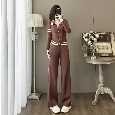 FA52833# 港风小众怀旧设计时尚套装秋季新款休闲开衫正肩上衣阔腿裤两件套  服裝批發女裝批發服飾貨源