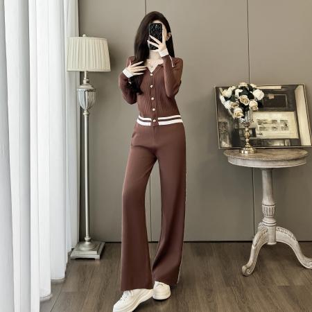 FA52833# 港风小众怀旧设计时尚套装秋季新款休闲开衫正肩上衣阔腿裤两件套  服裝批發女裝批發服飾貨源