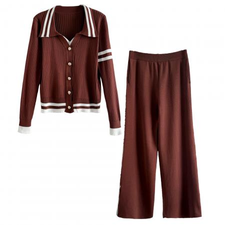 FA52833# 港风小众怀旧设计时尚套装秋季新款休闲开衫正肩上衣阔腿裤两件套  服裝批發女裝批發服飾貨源