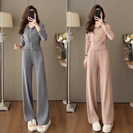 FA52834# 休闲百搭风连帽收腰针织开衫长裤秋季新款修身辣妹显瘦套装  服裝批發女裝批發服飾貨源