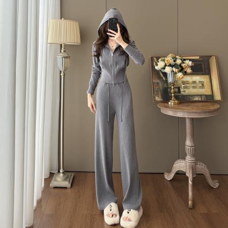 FA52834# 休闲百搭风连帽收腰针织开衫长裤秋季新款修身辣妹显瘦套装  服裝批發女裝批發服飾貨源